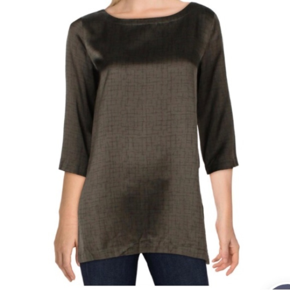 Eileen Fisher Womens Silk Blend Bateau Neck Tunic Top Sz. S Green Black Career